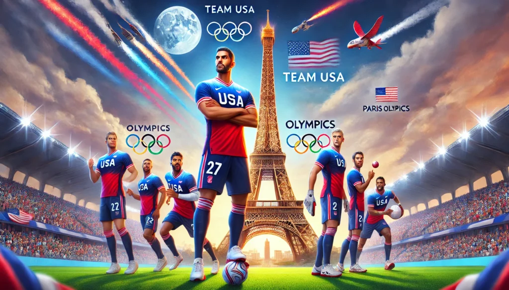 eam USA basketball players in jerseys for Paris Olympics 2024 with Eiffel Tower background