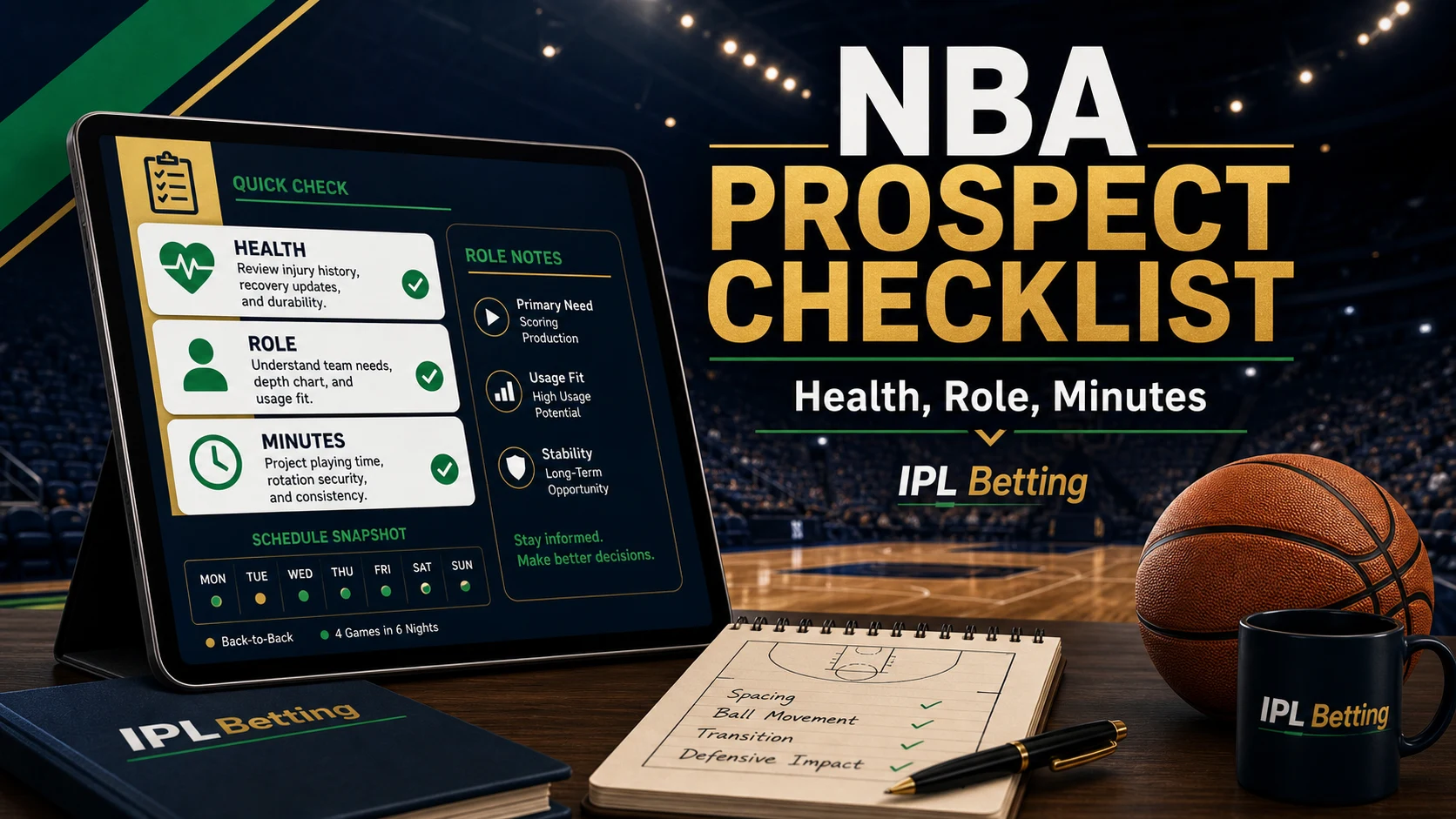 NBA prospect checklist covering health role and minutes