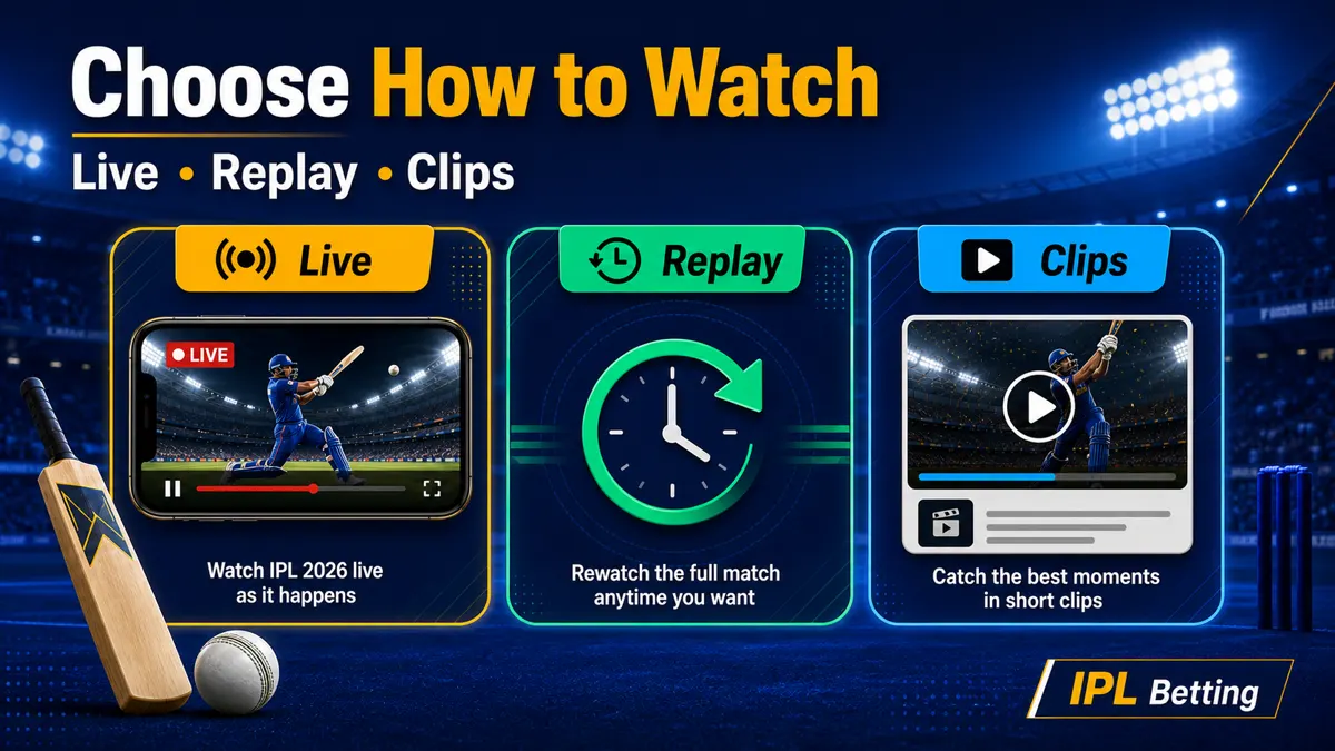 Choose how to watch IPL 2026 with live match replay and clips options.