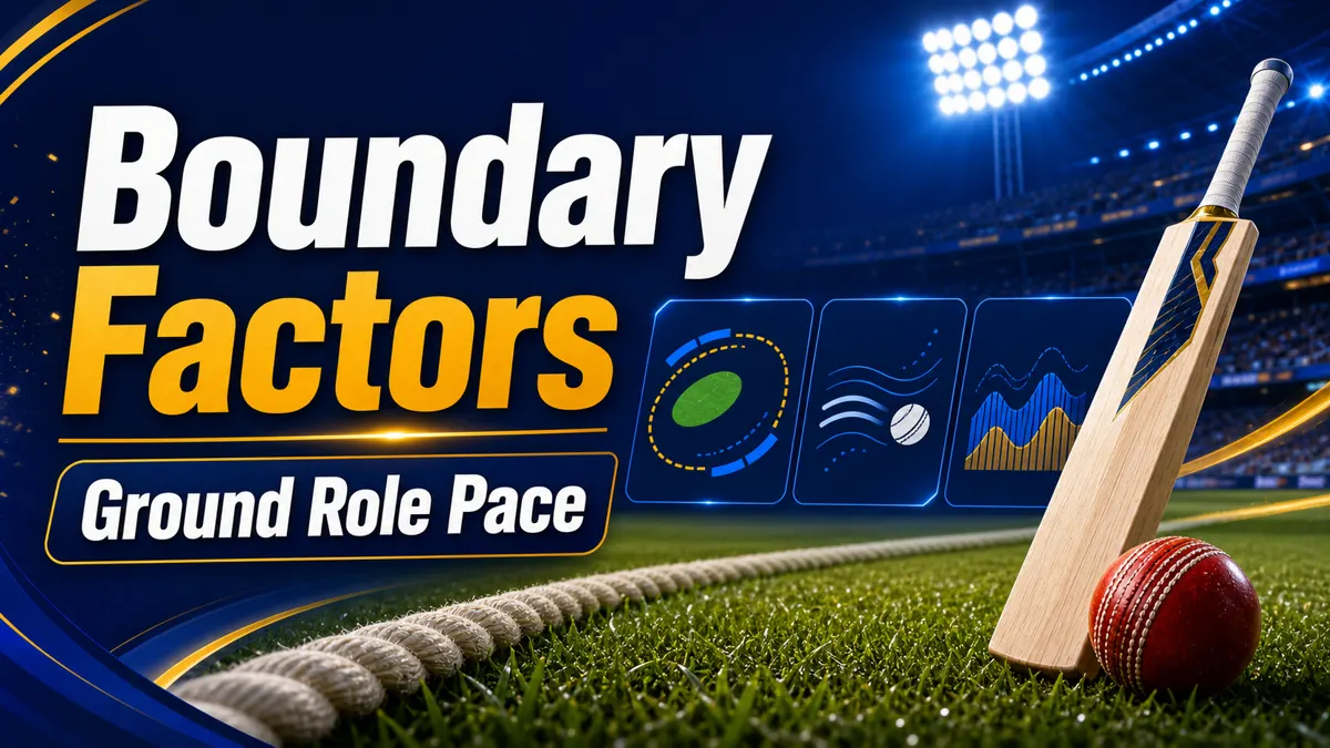 Boundary Factors image with cricket boundary rope, bat, ball, and Ground Role Pace text.