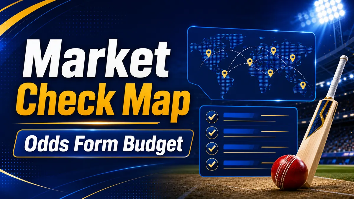 Market Check Map image with cricket stadium, bat, ball, and Odds Form Budget text.