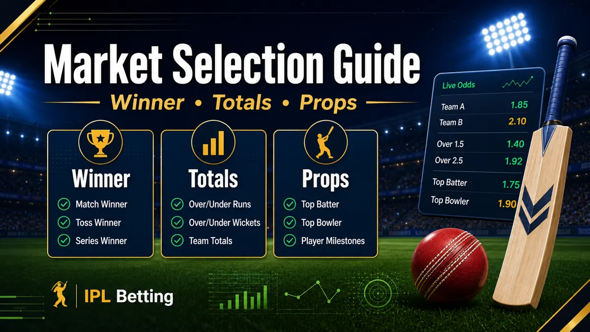 Market selection guide for IPL betting with winner, totals, and props categories.