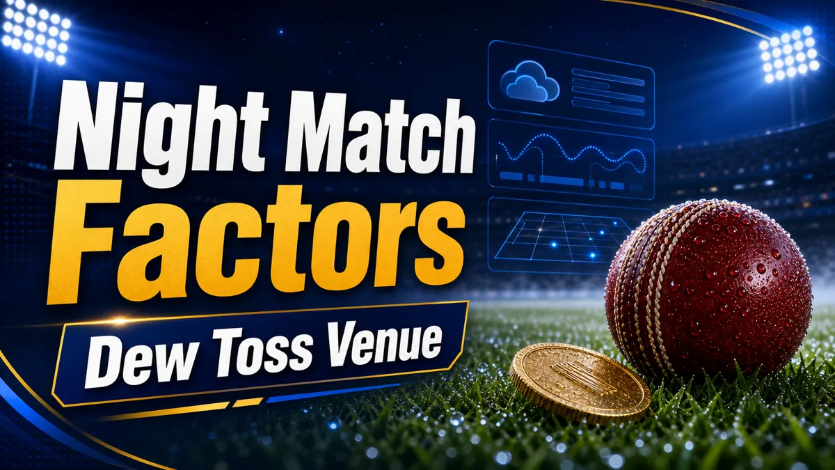 Night Match Factors image with cricket ball, dew on grass, toss coin, and Dew Toss Venue text.