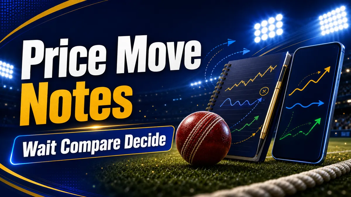 Price Move Notes image with cricket ball, notebook, phone chart, and Wait Compare Decide text.
