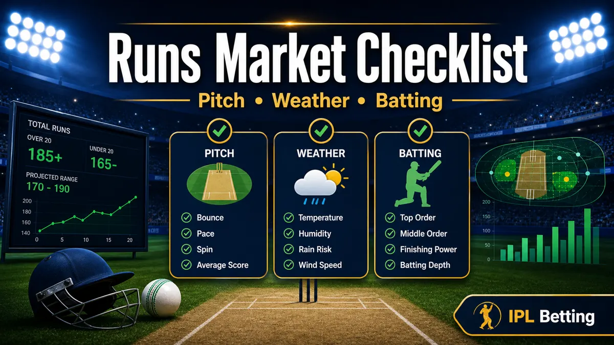 Runs market checklist for IPL betting with pitch, weather, and batting depth.
