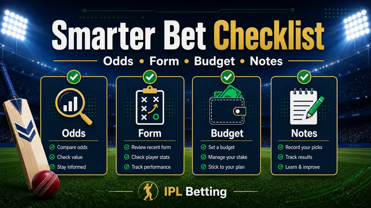 Smarter bet checklist for IPL fans with odds, form, budget, and notes.