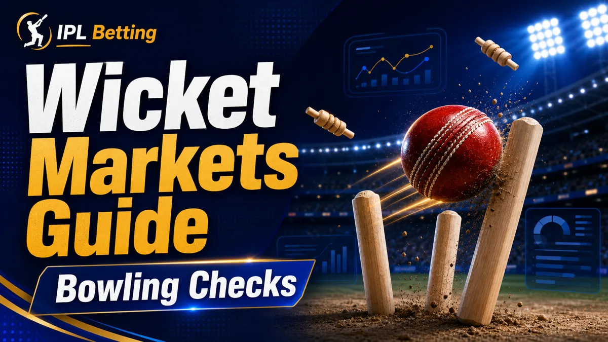 Wicket Markets Guide cover image with cricket stumps, ball, stadium lights, and Bowling Checks text.