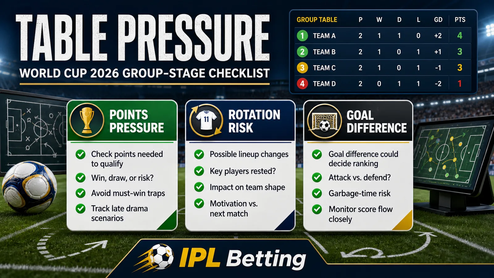 World Cup 2026 group table pressure checklist image with points, rotation, and goal difference notes