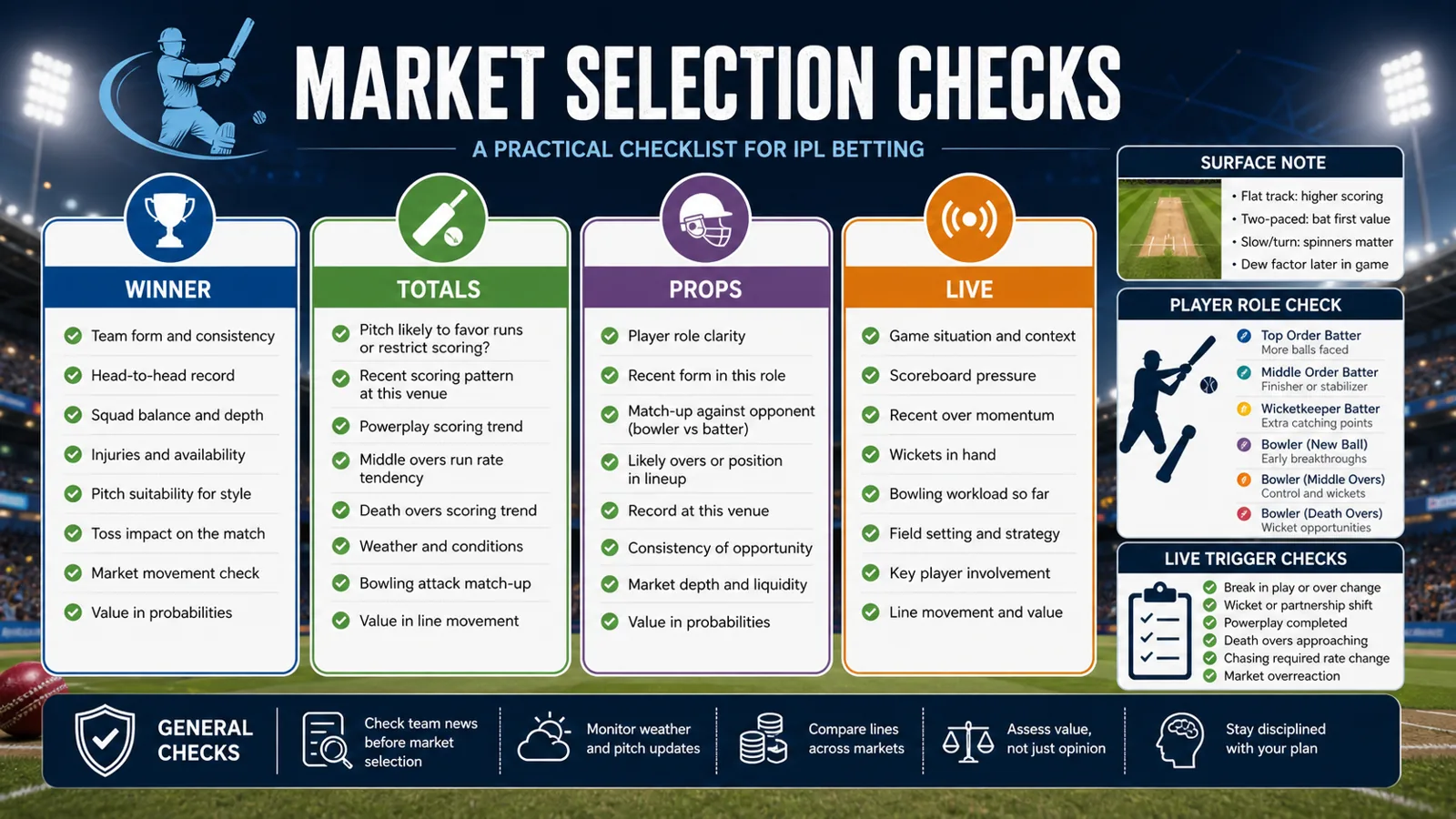 IPL market selection checklist graphic with winner, totals, props, and live labels.