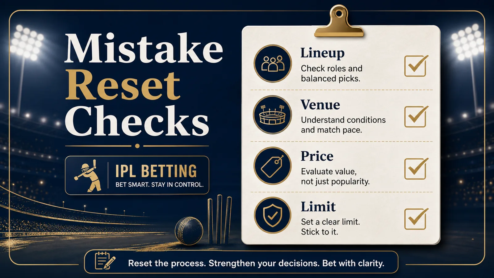 IPL mistake reset checklist graphic with lineup, venue, price, and limit labels.