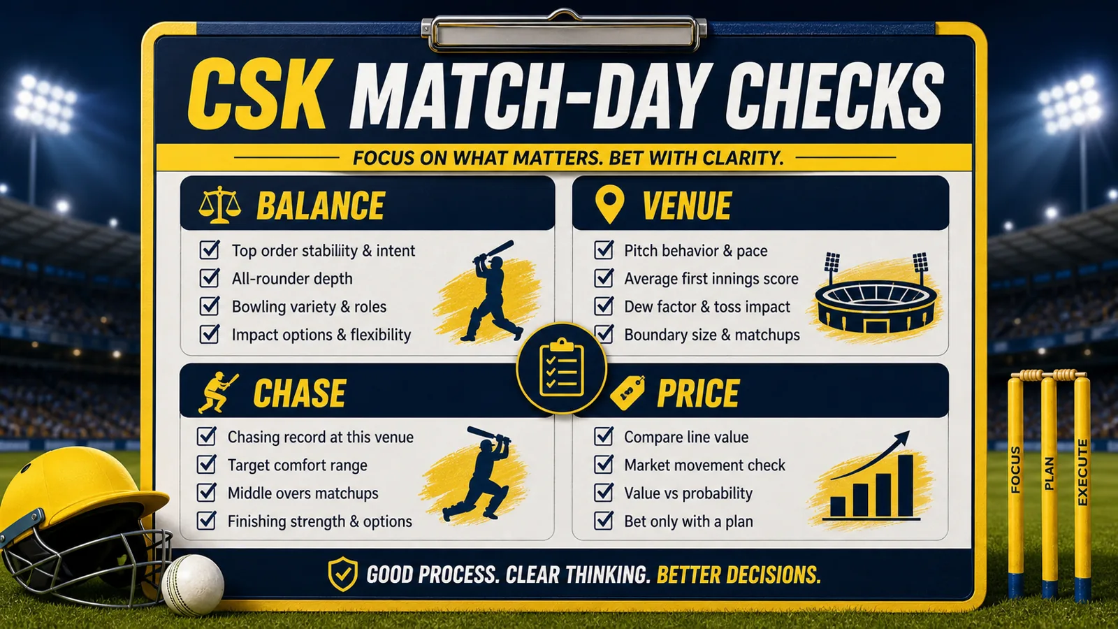 Chennai Super Kings match-day checklist graphic with lineup, venue, odds, and budget reminders.