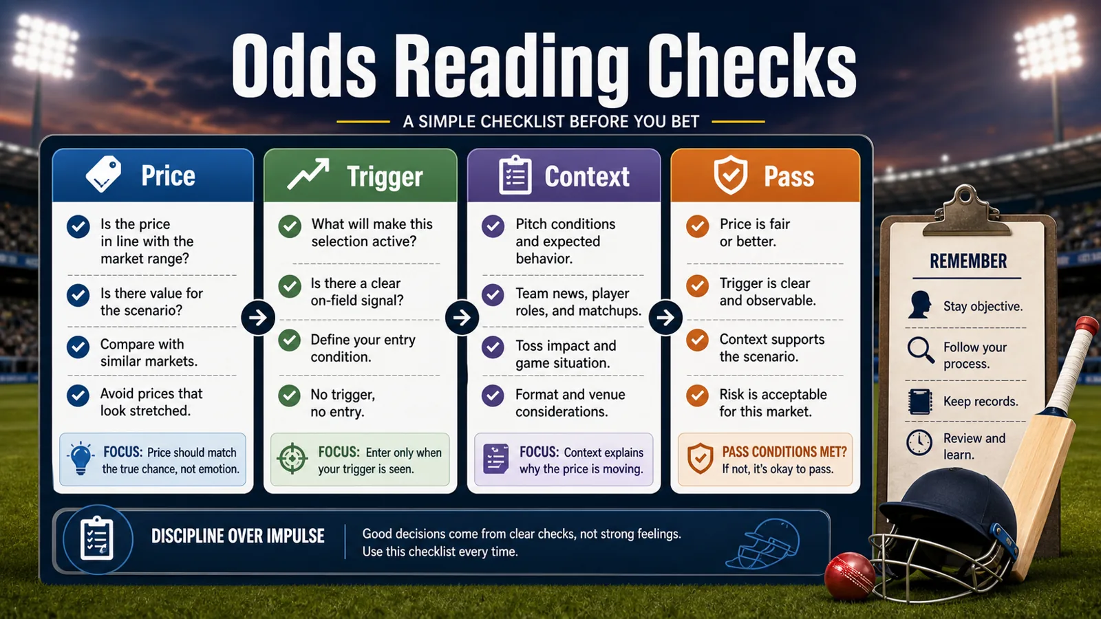 Odds-reading checklist graphic with price, trigger, context, and pass labels.