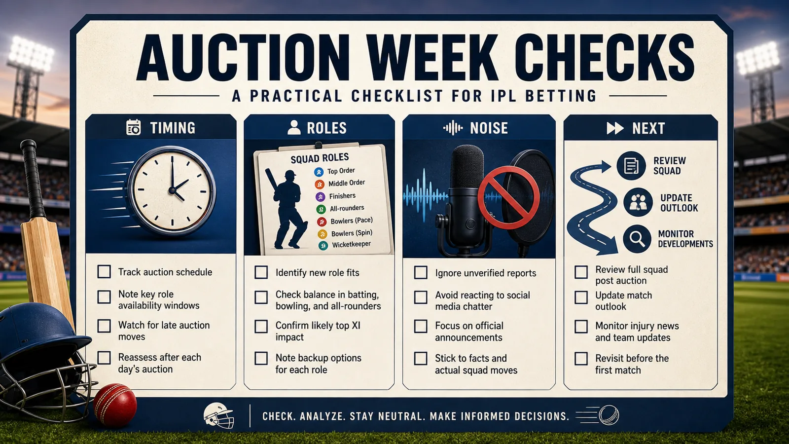 Auction-week checklist graphic with timing, roles, noise, and next labels.