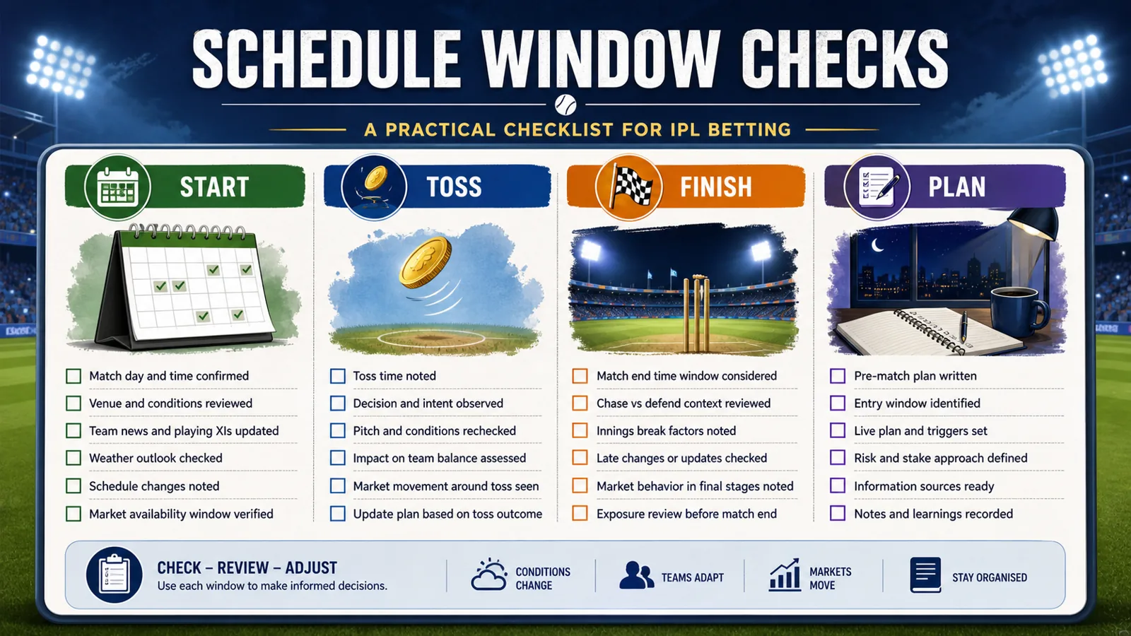 IPL schedule checklist graphic with start, toss, finish, and plan labels.