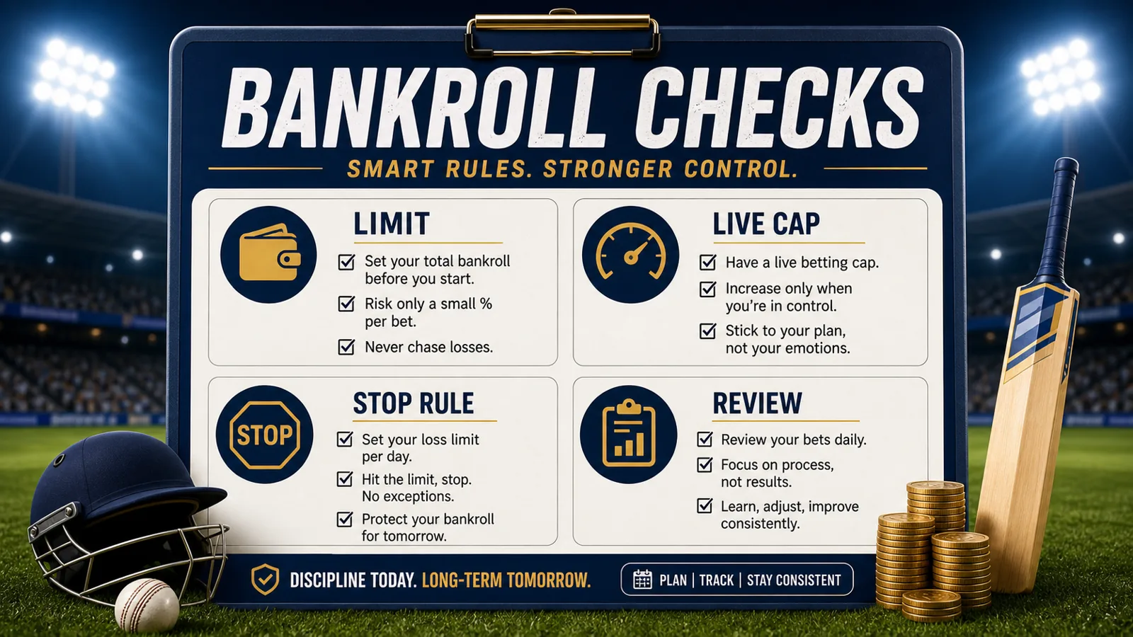 IPL bankroll checklist graphic with limit, live cap, stop rule, and review labels.