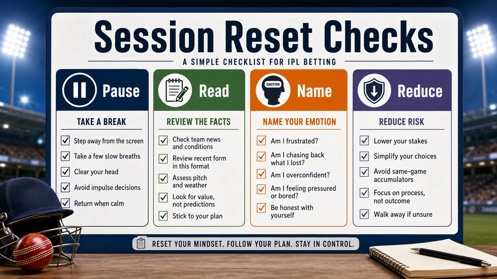 Session reset checklist graphic with pause, read, name, and reduce labels.