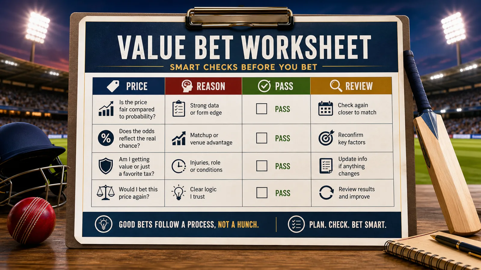 IPL value betting worksheet graphic with price, reason, pass, and review checkpoints.