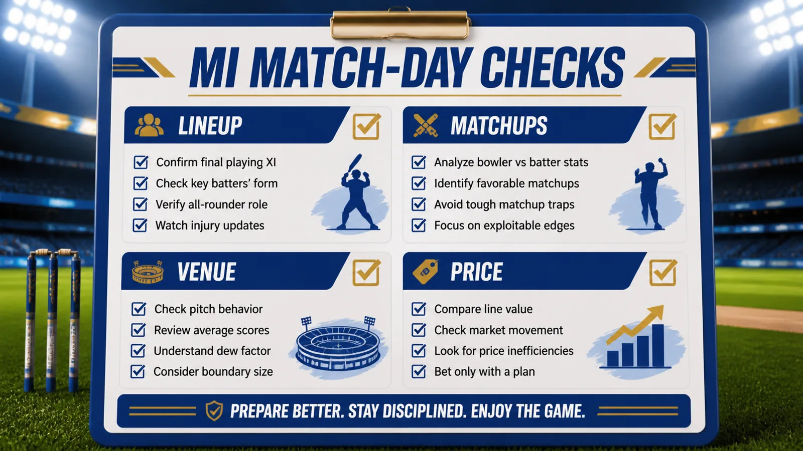 Mumbai Indians match-day checklist graphic with lineup, venue, odds, and budget reminders.