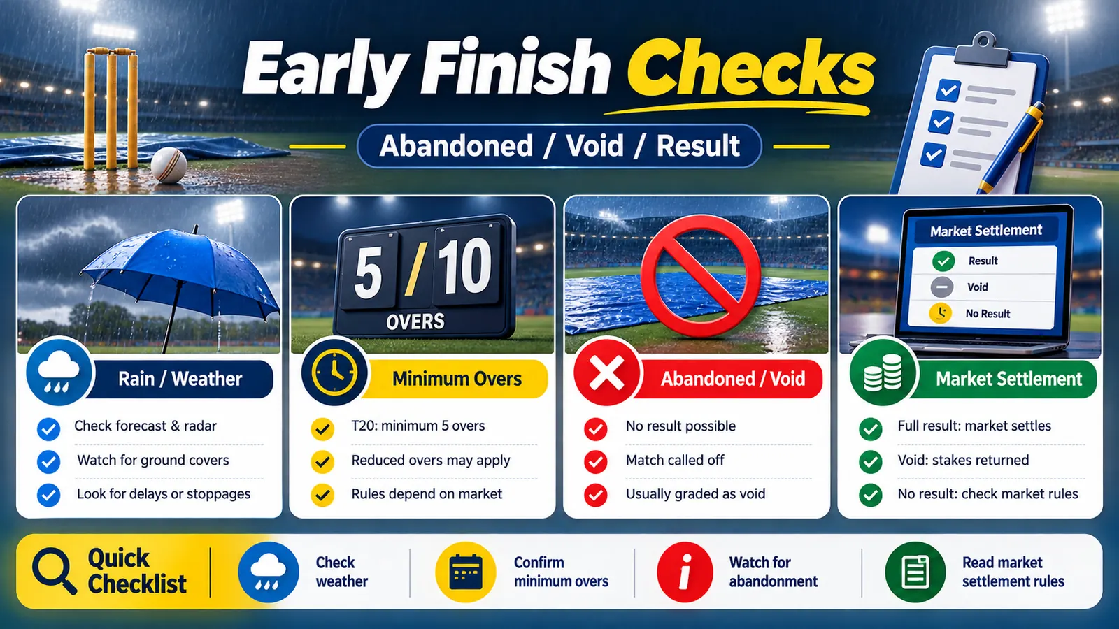 Checklist separating abandoned match status, no result, and void betting settlement terms