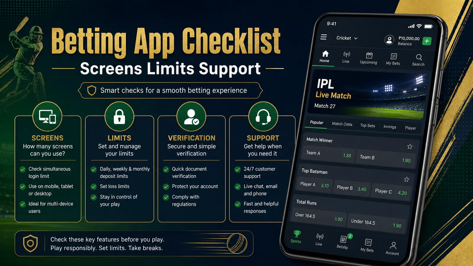 IPL betting app checklist with market screen, limits, verification, and support checks