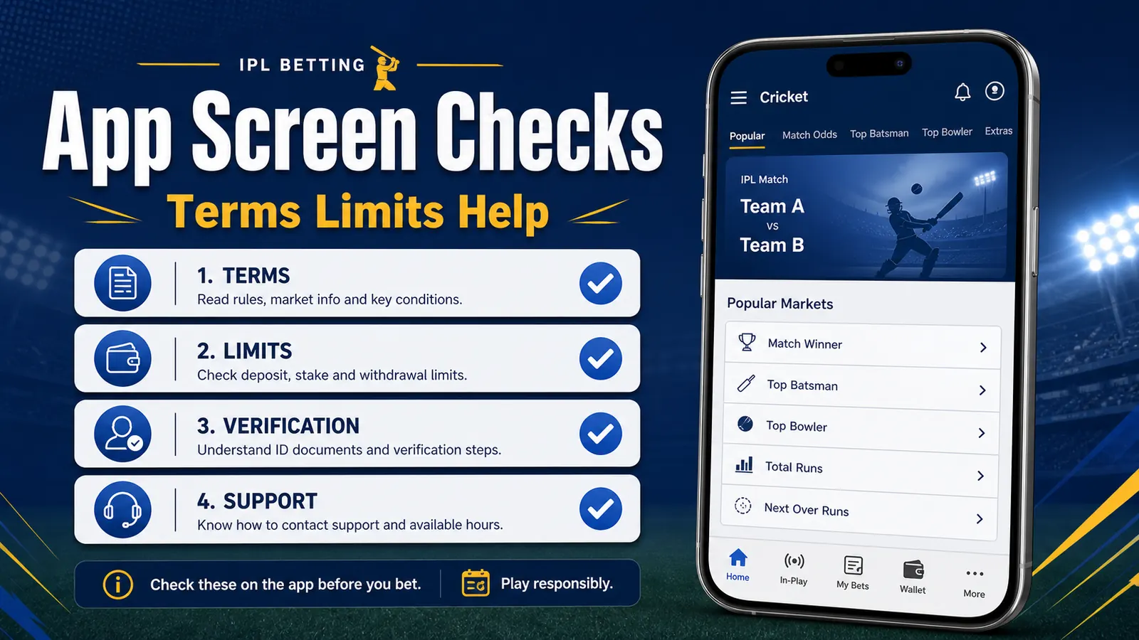 Generic mobile cricket betting app screen showing terms, limits, help, and account checks