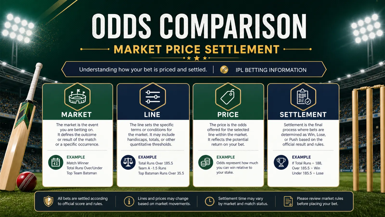 IPL betting odds comparison checklist showing market, line, price, and settlement terms