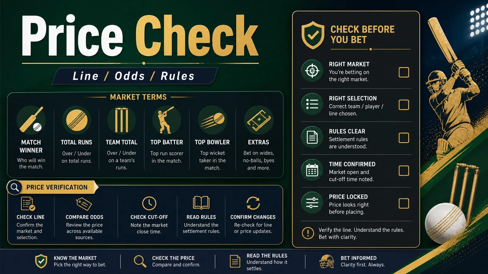 IPL odds price check board comparing lines, rules, and market settlement details