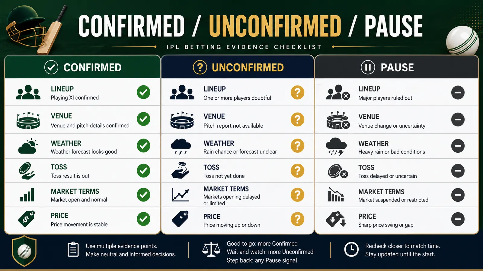 IPL match evidence checklist separating confirmed, unconfirmed, and pause signals