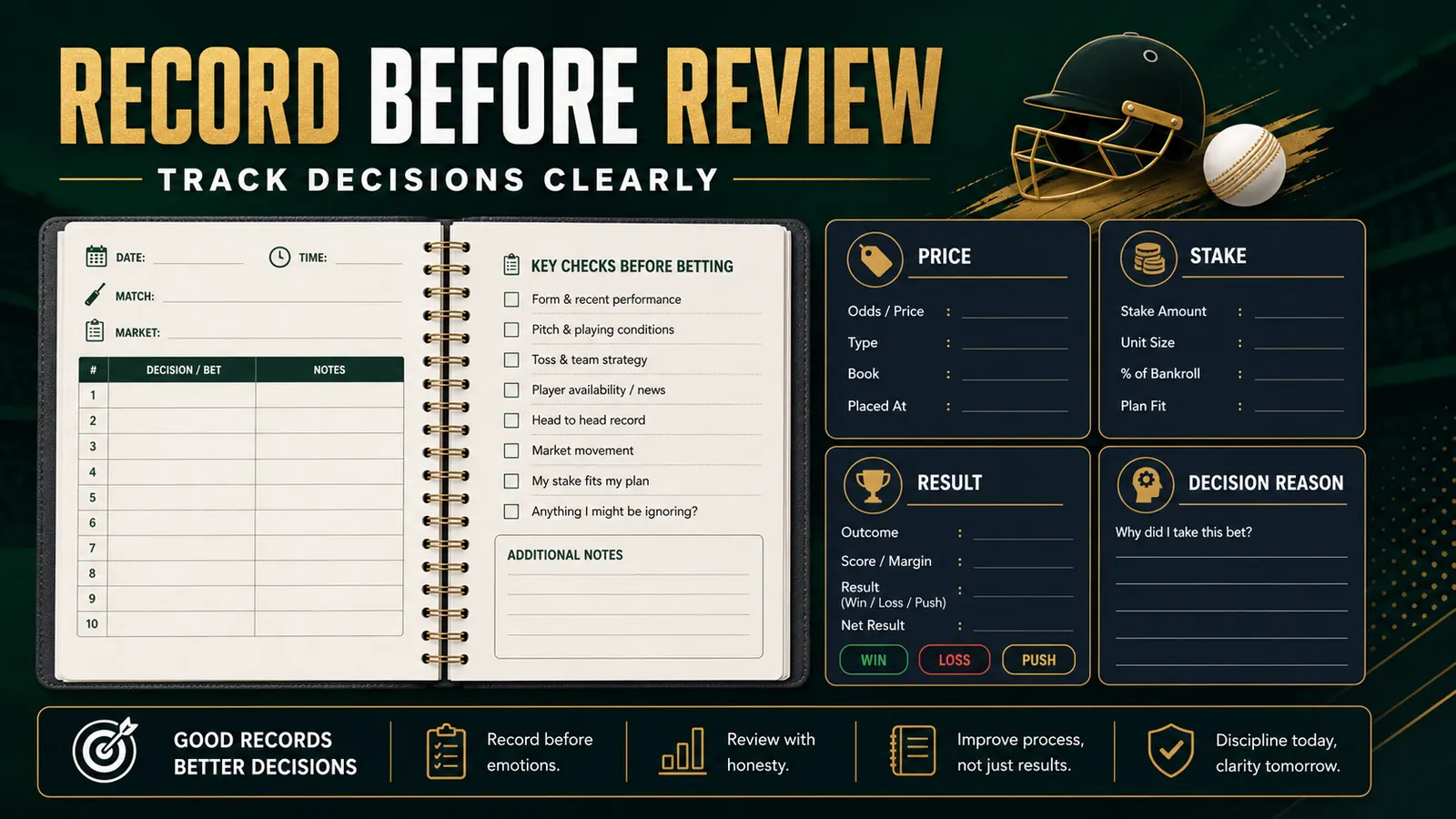 IPL betting decision log checklist for recording market price, stake, result, and review notes