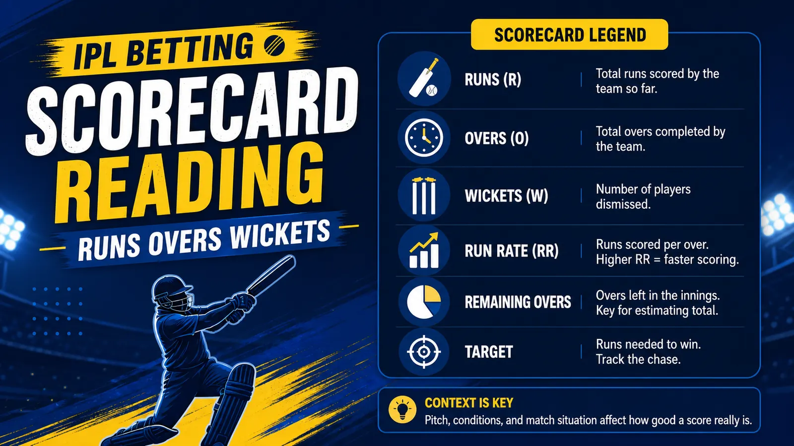 IPL scorecard reading checklist for runs, overs, wickets, run rate, and partnerships