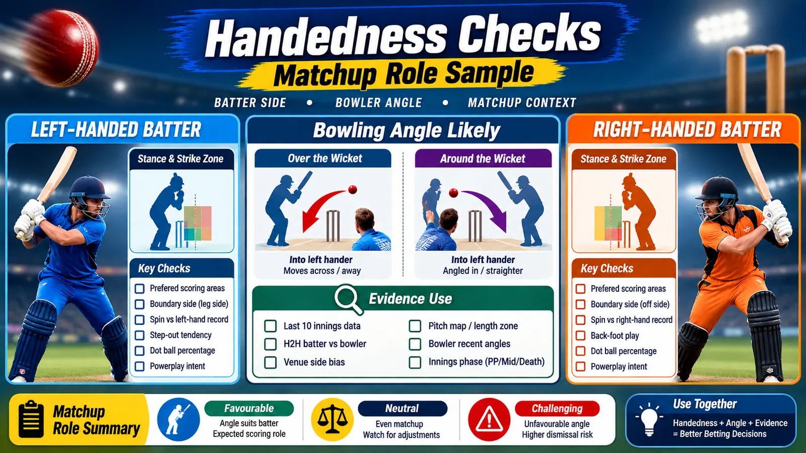 Cricket handedness matchup checklist showing batter hand, bowling angle, role, and sample size