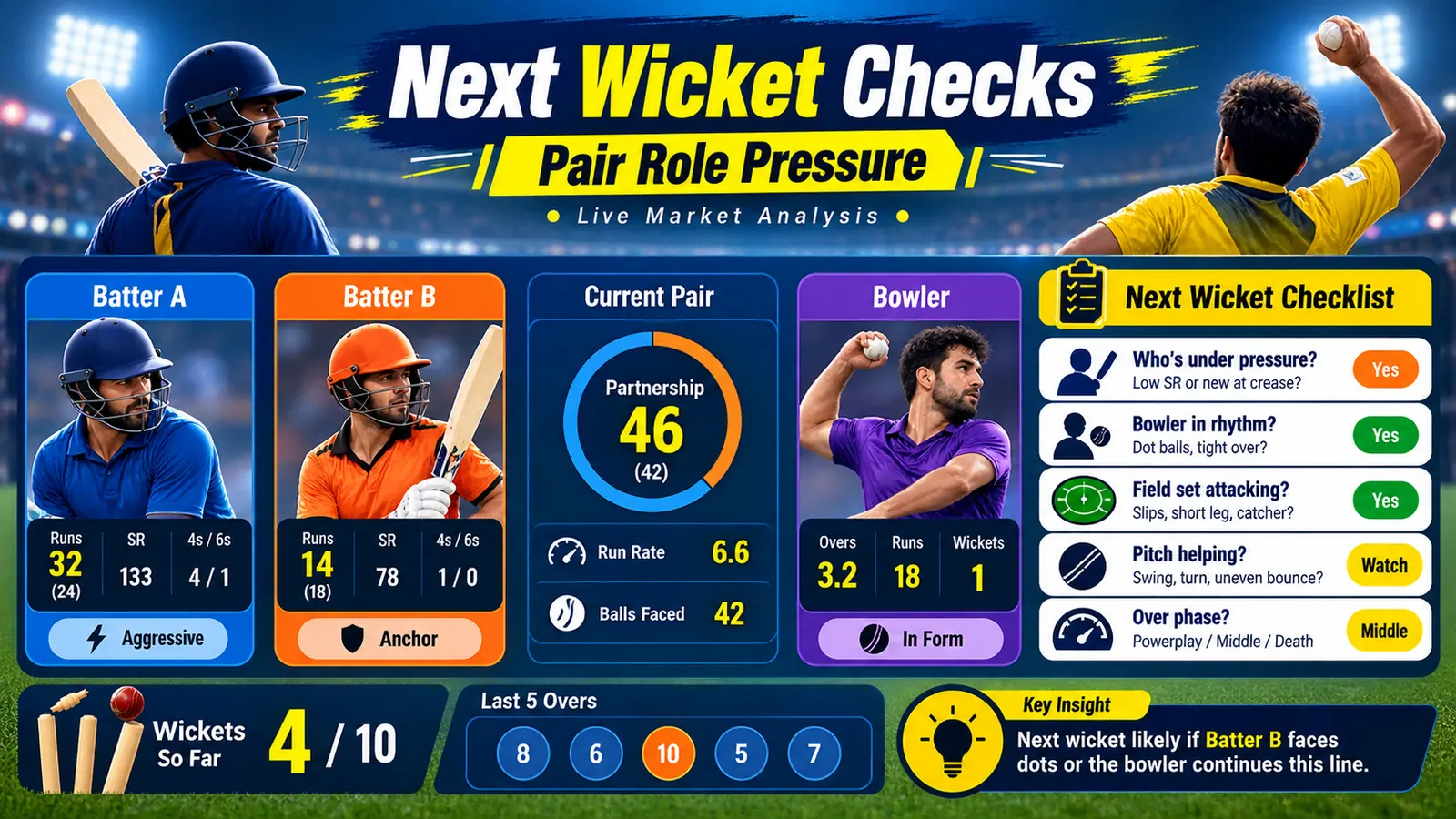 Next wicket checklist showing batting pair, bowler role, pressure, and live limits