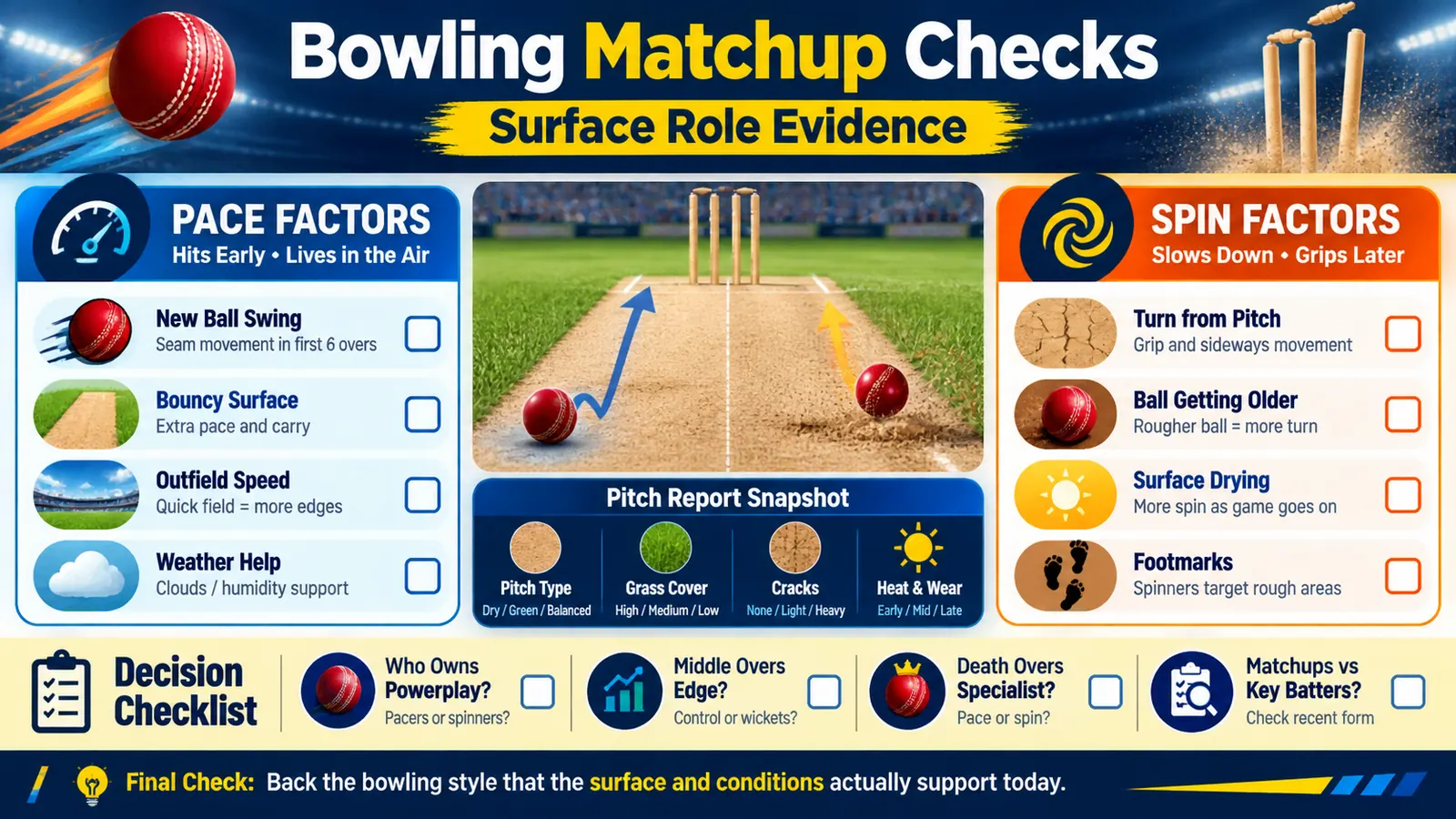 Pace and spin matchup checklist showing surface, role, evidence, and sample size