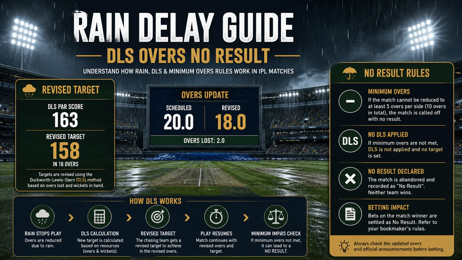 IPL Rain-Delayed Match Betting Guide: DLS, Minimum Overs, and No-Result Checks