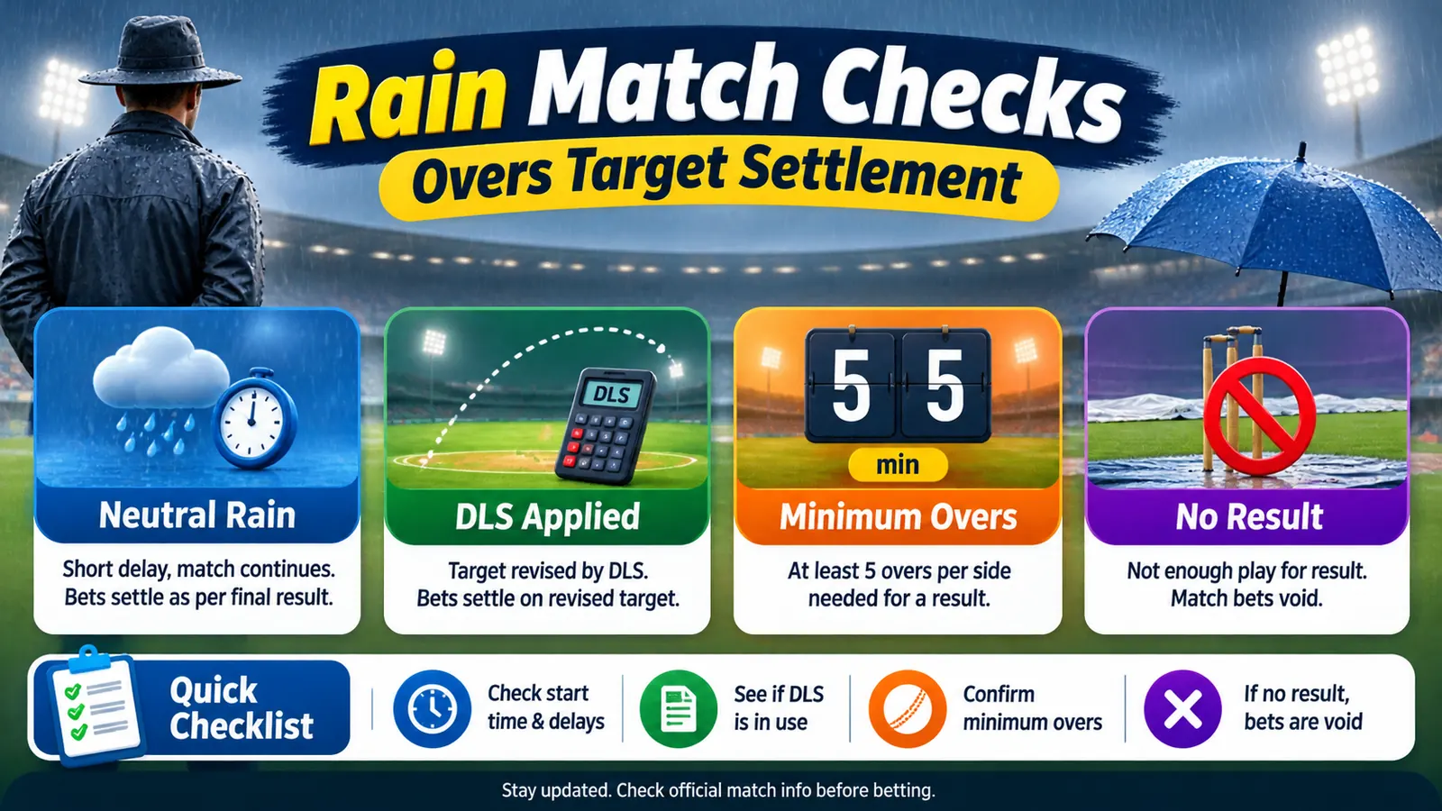 Rain delayed IPL match checklist for revised target, minimum overs, and settlement terms