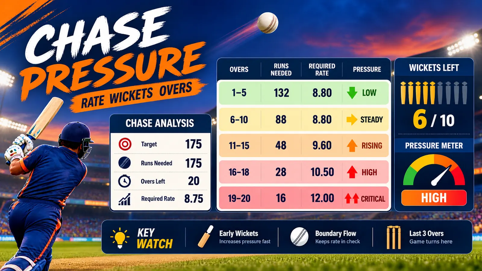 Run chase checklist with required rate, wickets, overs, and pressure checks