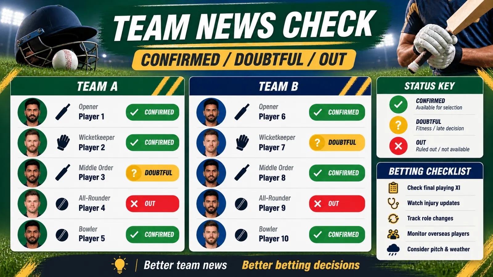 IPL team news board separating confirmed, doubtful, and unavailable player information
