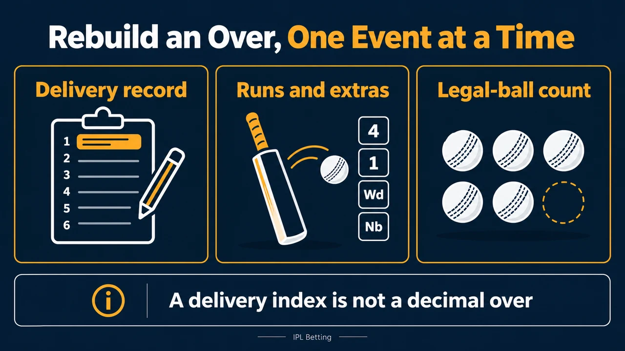 Cricket Ball-by-Ball Data: Rebuild an Over Correctly — editorial illustration