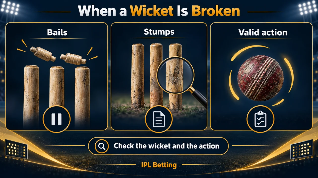 Original conceptual illustration. Inspect the bails, stumps and action involved in breaking the wicket.