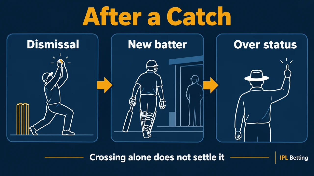 Original conceptual illustration. After a catch, check the new batter and over status rather than relying on crossing alone.