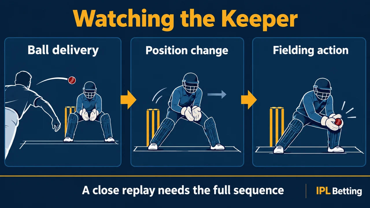 Original conceptual illustration. Use the full delivery sequence to understand the keeper’s movement and fielding action.