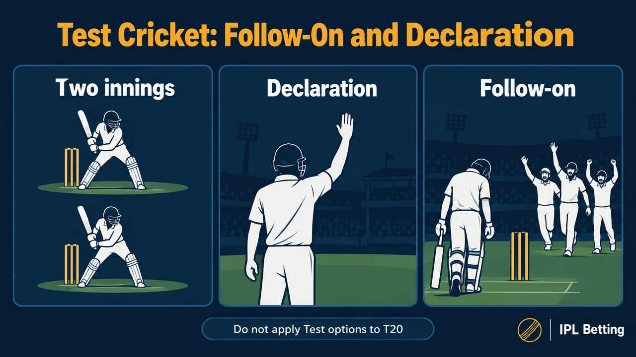 Original conceptual illustration. Two-innings cricket allows declaration and follow-on decisions under the applicable rules.
