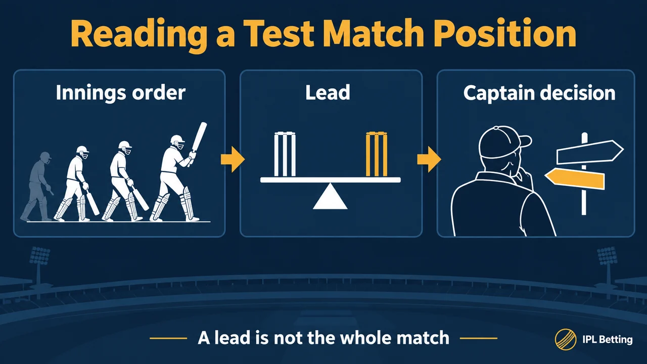Original conceptual illustration. Read innings order, the lead and the captain’s choice together; a lead alone is incomplete.